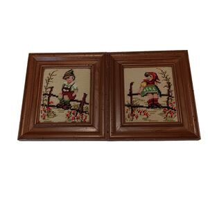 Vintage Hummel Needlepoint Finished Framed Art Boy Girl on Fence Hansel & Gretel